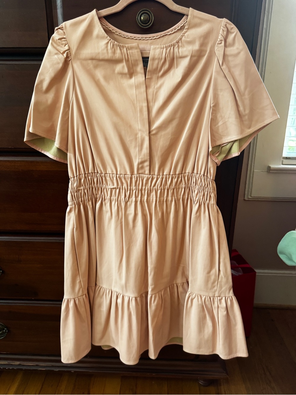 Anthropologie Blush Peach Faux Leather Mini Dress with Smocked Waist